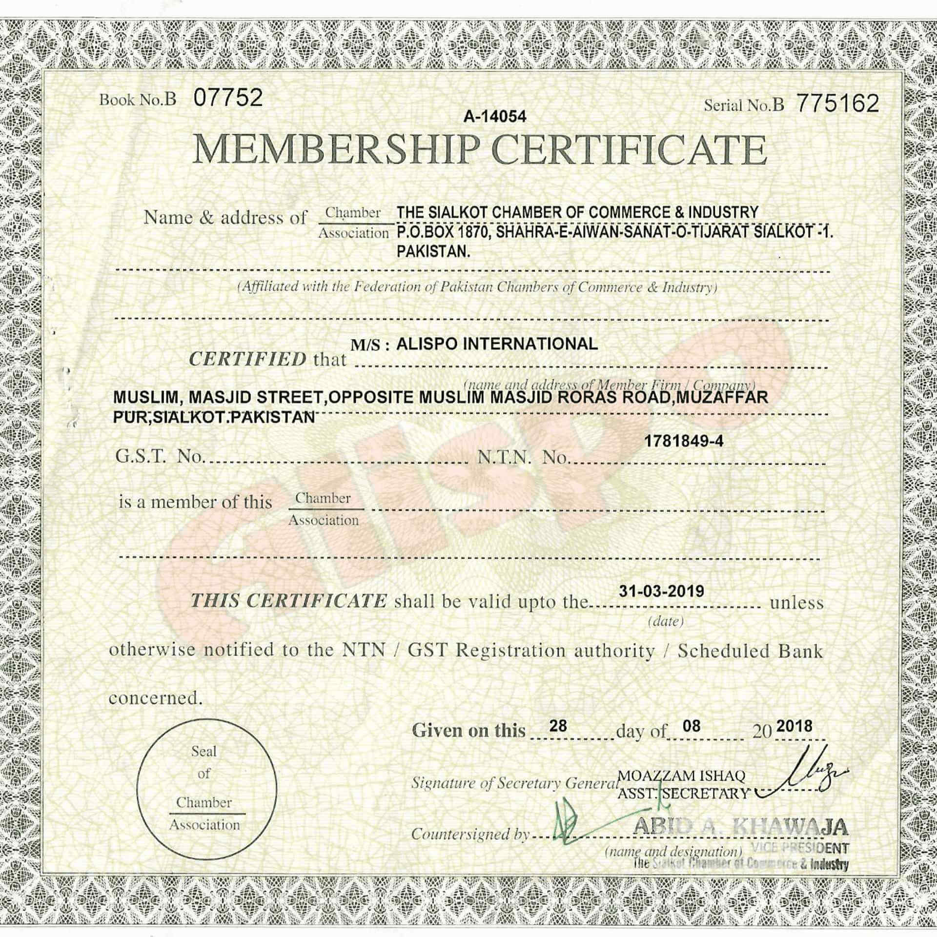Alispo International - SCCI Business Membership Certificate Year 2018