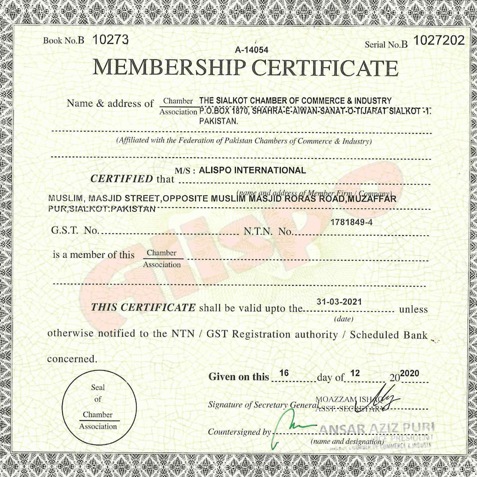 Alispo International - SCCI Business Membership Certificate Year 2020