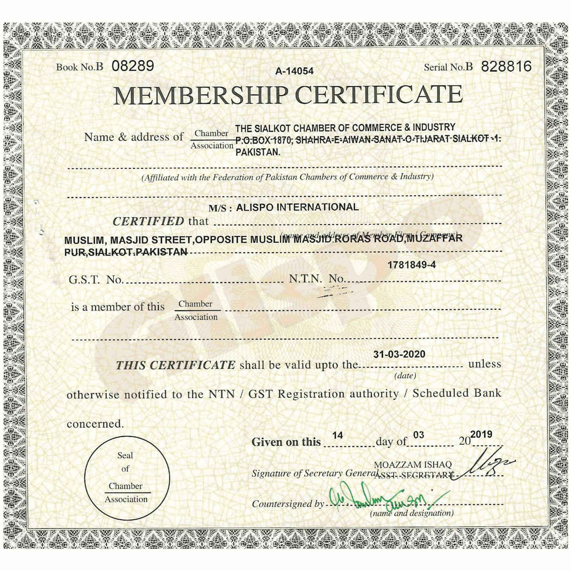 Alispo International - SCCI Business Membership Certificate Year 2019